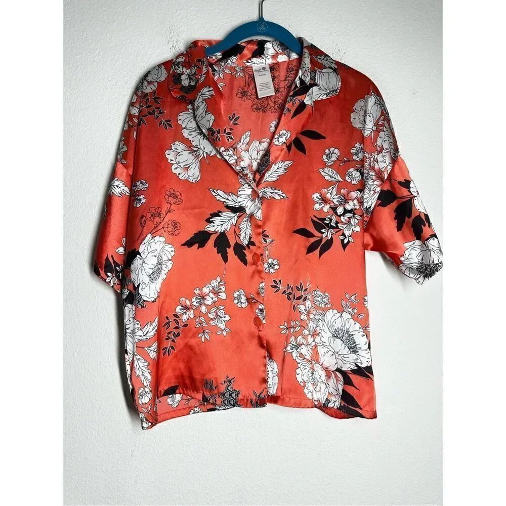 Secret Treasures Women’s Pajamas Top Button Down Satin Sz M(8-10) Orange Floral